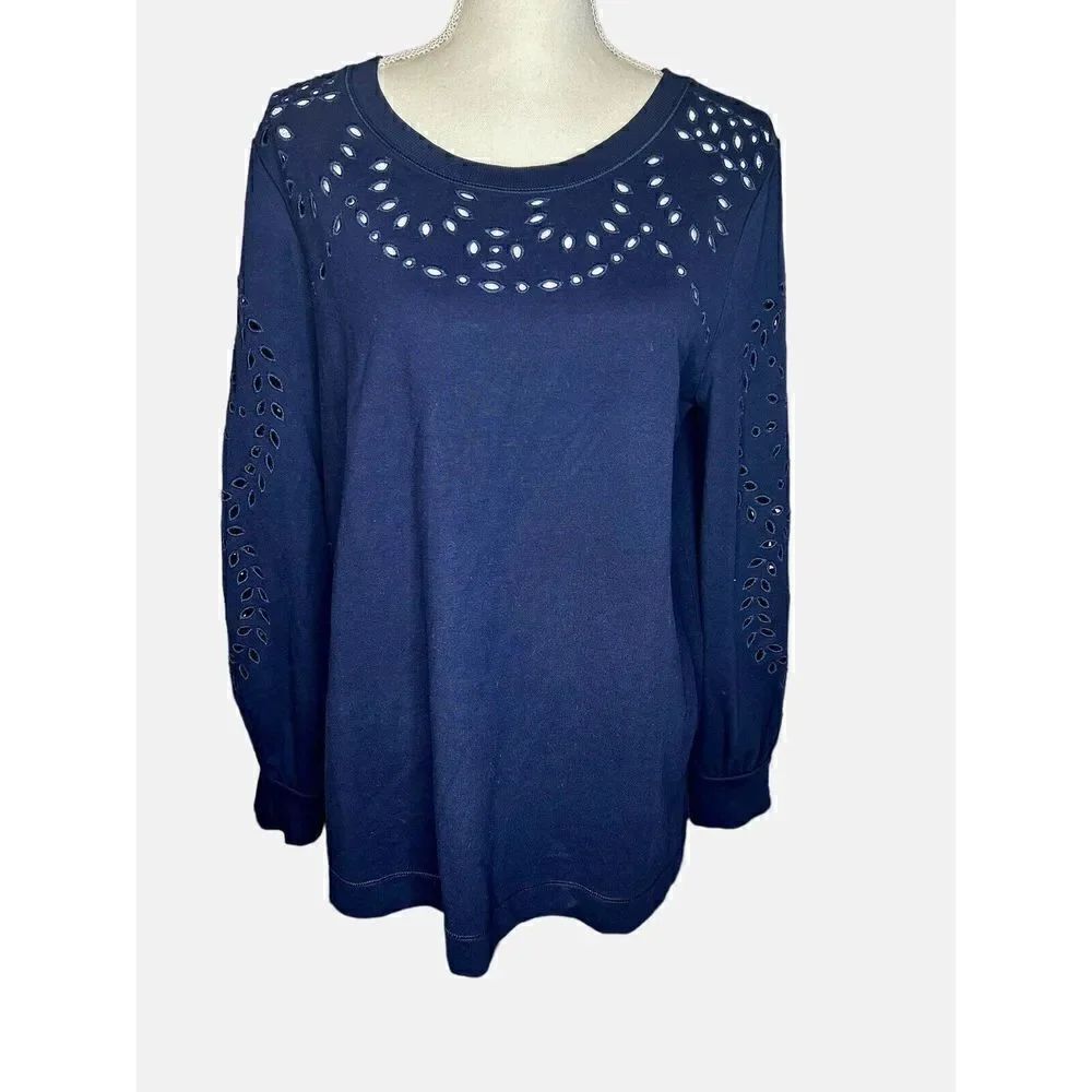 Chico's Zenergy Navy Blue French Terry Cutwork Top Size Medium